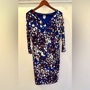 Anne Klein Vibrant Blue and Red Patterned Long Sleeve Dress